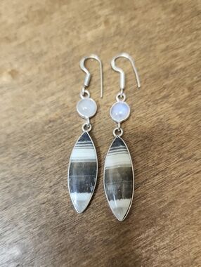 Gray & White Marbled Drop Earrings with Moonstone Accent